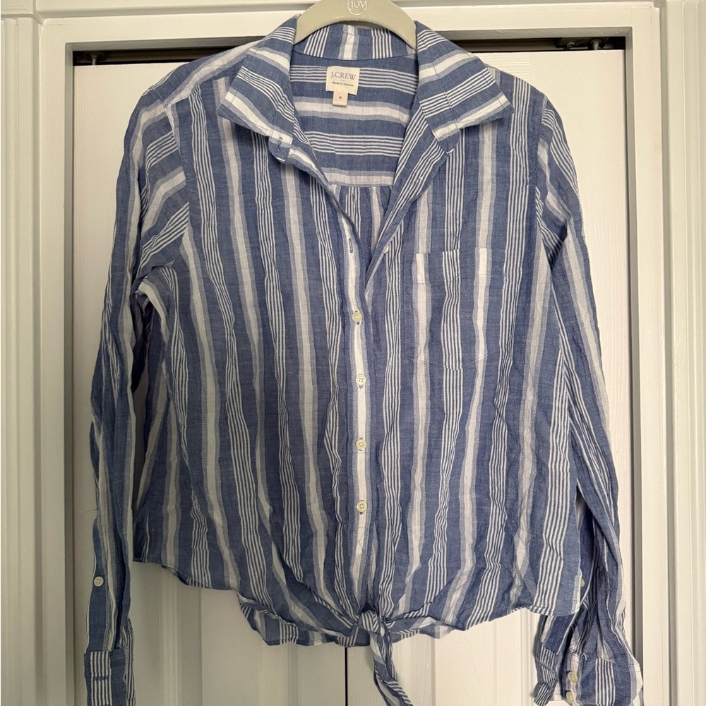 J. Crew White and Blue Long Sleeve Crop Button Down Shirt